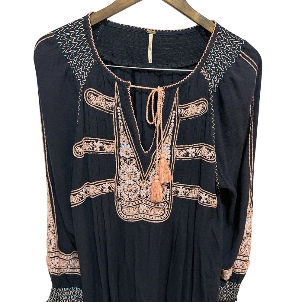 Free People Black Wind Willow Mini Dress BOHO w/Embroidery‎ Peasant Style Sz S - Picture 6 of 14
